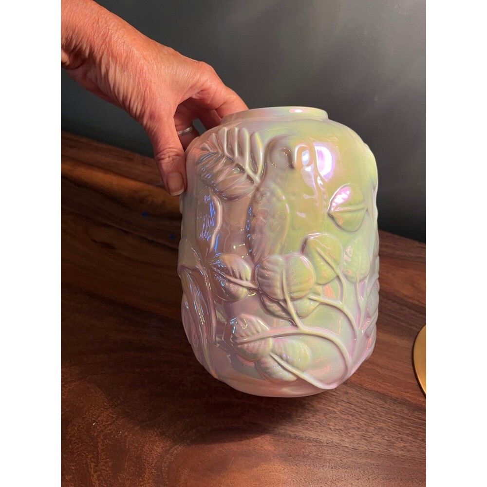 Vintage anthropologie Aurora Borealis White Ceramic Owl Vase Raised Relief